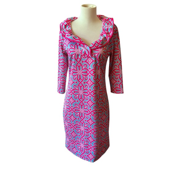 GRETCHEN SCOTT DESIGNS  RUFFNECK DRESS SCALLOP NECKLINE SHIFT STRETCH JERSEY SM - Picture 2 of 13